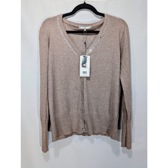 Sioni Heather Latte Wool Blend Beaded Button Cardigan Sweater Size M NWT - Picture 7 of 8